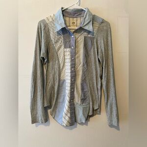 Anthropologie Gray and Blue Patchwork Button-Up Shirt